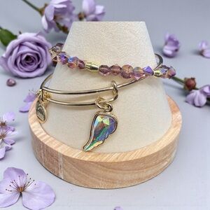 💜🪽ALEX AND ANI💜🪽Crystal Infusion Angel Wing & Beaded Charm Bangle Set of 2/EUC